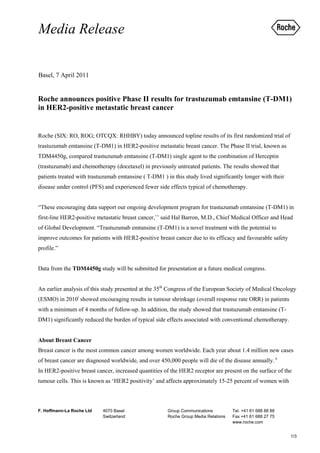 Media Release


Basel, 7 April 2011


Roche announces positive Phase II results for trastuzumab emtansine (T-DM1)
in HER2-positive metastatic breast cancer


Roche (SIX: RO, ROG; OTCQX: RHHBY) today announced topline results of its first randomized trial of
trastuzumab emtansine (T-DM1) in HER2-positive metastatic breast cancer. The Phase II trial, known as
TDM4450g, compared trastuzumab emtansine (T-DM1) single agent to the combination of Herceptin
(trastuzumab) and chemotherapy (docetaxel) in previously untreated patients. The results showed that
patients treated with trastuzumab emtansine ( T-DM1 ) in this study lived significantly longer with their
disease under control (PFS) and experienced fewer side effects typical of chemotherapy.


“These encouraging data support our ongoing development program for trastuzumab emtansine (T-DM1) in
first-line HER2-positive metastatic breast cancer,’’ said Hal Barron, M.D., Chief Medical Officer and Head
of Global Development. “Trastuzumab emtansine (T-DM1) is a novel treatment with the potential to
improve outcomes for patients with HER2-positive breast cancer due to its efficacy and favourable safety
profile.”


Data from the TDM4450g study will be submitted for presentation at a future medical congress.


An earlier analysis of this study presented at the 35th Congress of the European Society of Medical Oncology
(ESMO) in 2010i showed encouraging results in tumour shrinkage (overall response rate ORR) in patients
with a minimum of 4 months of follow-up. In addition, the study showed that trastuzumab emtansine (T-
DM1) significantly reduced the burden of typical side effects associated with conventional chemotherapy.


About Breast Cancer
Breast cancer is the most common cancer among women worldwide. Each year about 1.4 million new cases
of breast cancer are diagnosed worldwide, and over 450,000 people will die of the disease annually. ii
In HER2-positive breast cancer, increased quantities of the HER2 receptor are present on the surface of the
tumour cells. This is known as ‘HER2 positivity’ and affects approximately 15-25 percent of women with



F. Hoffmann-La Roche Ltd   4070 Basel                  Group Communications          Tel. +41 61 688 88 88
                           Switzerland                 Roche Group Media Relations   Fax +41 61 688 27 75
                                                                                     www.roche.com


                                                                                                             1/3
 