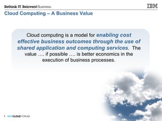 Cloud Computing – A Business Value Cloud computing is a model for  enabling cost effective business outcomes through the use of shared application and computing services .  The value …. if possible …. is better economics in the execution of business processes. 