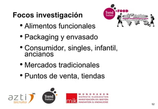 Focos investigación Alimentos funcionales Packaging y envasado Consumidor, singles, infantil, ancianos Mercados tradicionales Puntos de venta, tiendas 