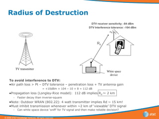 Radius of Destruction To avoid interference to DTV: Air path loss > Pt – DTV tolerance – penetration loss + TV antenna gain = +10dBm + 104 – 10 + 8 = 112 dB Propagation loss (Longley-Rice model):  112 dB implies R d  ~  2 km  Faster decay than inverse-square Note: Outdoor WRAN (802.22): 4 watt transmitter implies Rd ~ 15 km! Must inhibit transmission whenever within ~2 km of ‘viewable’ DTV signal Can white space device ‘sniff’ for TV signal and then make reliable decision?  TV transmitter White space device DTV receiver sensitivity: -84 dBm DTV Interference tolerance: -104 dBm R d 