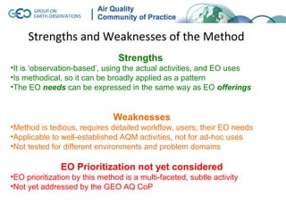 Strengths and Weaknesses of the Method
                                Strengths
•It is ‘observation-based’, using the actual activities, and EO uses
•Is methodical, so it can be broadly applied as a pattern
•The EO needs can be expressed in the same way as EO offerings


                               Weaknesses
•Method is tedious, requires detailed workflow, users, their EO needs
•Applicable to well-established AQM activities, not for ad-hoc uses
•Not tested for different environments and problem domains

               EO Prioritization not yet considered
•EO prioritization by this method is a multi-faceted, subtle activity
•Not yet addressed by the GEO AQ CoP
 