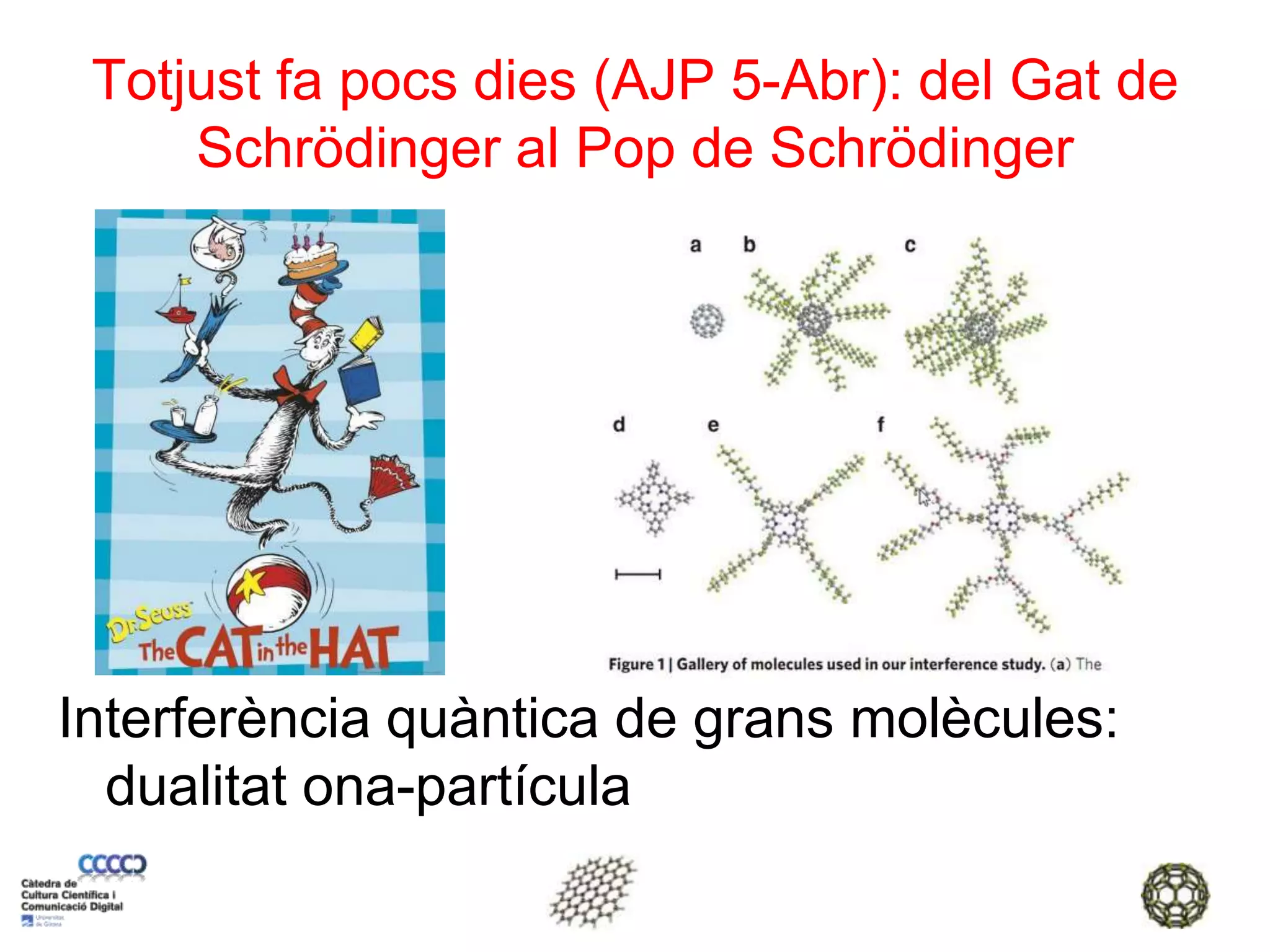 Totjust fa pocs dies (AJP 5-Abr): del Gat de Schrödinger al Pop de Schrödinger Interferència quàntica de grans molècules: dualitat ona-partícula