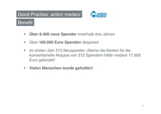 Good Practise: action medeor!
Beneﬁt!

    Über 8.400 neue Spender innerhalb drei Jahren!

    Über 160.000 Euro Spenden akquiriert!

    Im ersten Jahr 212 Neuspender: Alleine die Kosten für die
     konventionelle Akquise von 212 Spendern hätte medeor 17.000
     Euro gekostet!!

    Vielen Menschen wurde geholfen!!




                                                                   8
 