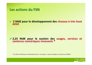 Les actions du FSN

 2 Md€ pour le développement des réseaux à très haut
 débit



 2,25 Md€ pour le soutien des usages, services et
 contenus numériques innovants *



 * Par ailleurs 250 M€ pour le développement des « smart grids », réseaux intelligents, sont gérés par l’ADEME
 