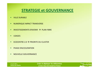 STRATEGIE et GOUVERNANCE
     VILLE DURABLE

     NUMERIQUE IMPACT TRANSVERSE

     INVESTISSEMENTS D’AVENIR        PLAN FIBRE

     USAGES

     ECOCENTRE 2.0     PRIORITE DU CLUSTER

     PHASE D’ACCELERATION

     NOUVELLE GOUVERNANCE



13 avril 2011,                Créer et déployer les télécentres
Caisse des Dépôts
                                et tiers lieux de travail en France
 