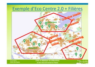 Exemple d’Eco Centre 2.0 + Filières
           Economic Clusters?
                                            Amsterdam




                    Rotterdam




13 avril 2011,             Créer et déployer les télécentres
Caisse des Dépôts           et tiers lieux de travail en France   Cisco Internet Business Solutions Group
                                                                           Smart+Connected Communities      35
 
