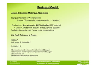 Business Model
  Autant de Business Model que d’Eco Centre

  Logique Plateforme Smartphone
         Espace / Connectivité professionnelle + Services

  Eco Centre : Bon retour des SWC Hollandais (108 ouverts)
     « Space » Amsterdam 3000m² réouverture 9000m²
  Souhaits d’ouverture en France et/ou en Angleterre

  Pré Etude faite pour la France

  1000m²
  Coût annuel        Environ 1M €

  Profitable    Si

  70 entreprises membres (annuelle) soit environ 200 usagers
  120 entreprises membres (mensuelle) soit environ 180 usagers
  25 événements /an
  5h/semaine d’utilisation de TelePresence


13 avril 2011,                        Créer et déployer les télécentres
Caisse des Dépôts                       et tiers lieux de travail en France
 