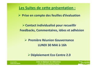 Les Suites de cette présentation :
                    Prise en compte des feuilles d’évaluation

                   Contact individualisé pour recueillir
                Feedbacks, Commentaires, idées et adhésion

                        Première Réunion Gouvernance
                              LUNDI 30 MAI à 16h

                          Déploiement Eco Centre 2.0
13 avril 2011,                Créer et déployer les télécentres
Caisse des Dépôts
                               et tiers lieux de travail en France
 