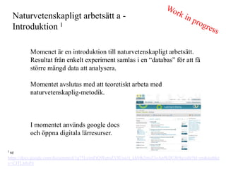 Naturvetenskapligt arbets?tt a -
   Introduktion 1

          Momenet ?r en introduktion till naturvetenskapligt arbets?tt.
          Resultat fr?n enkelt experiment samlas i en databas f?r att f?
          st?rre m?ngd data att analysera.

          Momentet avslutas med att teoretiskt arbeta med
          naturvetenskaplig-metodik.



          I momentet anv?nds google docs
          och ?ppna digitala l?rresurser.

1 se

https://docs.google.com/document/d/1g75LyimFtQ9EetnZV8Uoa1t_khMh2msZ3oAn9kDGW8g/edit?hl=en&authke
y=CJTLh8sP#
 