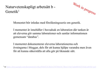 Naturvetenskapligt arbets?tt b -
   Genetik1

             Momentet b?r inledas med f?rel?sningsserie om genetik.

             I momentet ?r inneh?ller i huvudsak en laboration d?r tanken ?r
             att eleverna g?r samma laborationer och samlar informationen
             gemensam databas.

             I momentet dokumenterar eleverna laborationerna och
             ?vningarna i bloggar, dels f?r att kunna hj?lpa varandra men ?ven
             f?r att kunna s?kerst?lla att alla g?r p? liknande s?tt.



1 se   https://docs.google.com/document/d/11KaxWhhX3C0hAA74TN0wbC7BowYXlr7sdn6BNJGVNek/edit?hl=en#
 