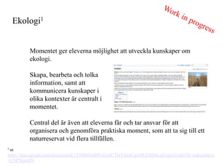 Ekologi1


          Momentet ger eleverna m?jlighet att utveckla kunskaper om
          ekologi.

          Skapa, bearbeta och tolka
          information, samt att
          kommunicera kunskaper i
          olika kontexter ?r centralt i
          momentet.

          Central del ?r ?ven att eleverna f?r och tar ansvar f?r att
          organisera och genomf?ra praktiska moment, som att ta sig till ett
          naturreservat vid flera tillf?llen.
1 se

https://docs.google.com/document/d/1Y9IB864aBPxVAolCT0rY4JraCqvn9UENDoLgErcjryQ/edit?hl=en&authkey
=CNPWpu8P#
 
