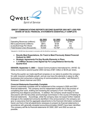 QWEST COMMUNICATIONS REPORTS SECOND QUARTER 2003 NET LOSS PER
    SHARE OF $0.05; FINANCIAL STATEMENTS ESSENTIALLY COMPLETE


Unaudited
                                                    Q2 2003                  Q1 2003   % Change
Operating Revenues (millions)                       $3,601                   $3,629     (0.8%)
Net (Loss)/Income (millions)                         ($91)                    $128        n/a
(Loss)/Earnings Per Share                           ($0.05)                   $0.07       n/a
Total Access Lines (thousands)                      16,504                   16,740*    (1.4%)
*Adjusted for 145,000 lines disconnected in connection with the WorldCom bankruptcy.


    •    Results Meet Expectations, On Track to Meet Previously Stated Financial
         Outlook for 2003
    •    Strategic Agreements Put Key Bundle Elements in Place
    •    1.12 Million Access Lines Signed Up For Long-Distance Service By
         Quarter-End

DENVER, September 3, 2003 — Qwest Communications International Inc. (NYSE: Q)
today announced a second quarter 2003 net loss of $91 million or $0.05 per share.

“During the quarter we made significant progress on our plans to position the company
for solid, long-term profitable growth, and we now have the elements in place to offer
businesses and consumers a wide-array of communications bundles,” said Richard C.
Notebaert, Qwest chairman and CEO.

Financial Statements Essentially Complete
Qwest is essentially complete with its restatement of the company’s 2000 and 2001
financial statements. The company and its independent auditor are in the process of
completing their work, drafting and reviewing the company’s Form 10-K filing and
performing due diligence procedures. In addition, the company would expect to have
discussions with the Securities and Exchange Commission in the course of finalizing its
financial statements. Accordingly, while the company does not expect further material
changes to the restatement amounts identified in this announcement, the company can
give no assurance that the aggregate adjustments to the financial information contained
herein are final or that all adjustments necessary to present its financial statements in
accordance with generally accepted accounting principles (GAAP) have been identified.
The company will file its financial statements for 2000, 2001 and 2002 as soon as
possible.
 