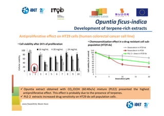 Opuntia extract obtained with CO2:EtOH (60:40v/v) mixture (PLE2) presented the highest
antiproliferative effect. This effect is probably due to the presence of terpenes.
PLE-2 extracts increased drug sensitivity on HT29 dx cell population cells .
Antiproliferative effect on HT29 cells (human colorectal cancer cell line)
• Cell viability after 24 h of proliferation
0
20
40
60
80
100
1 2 3 4 5 6 7 8 9 10
Cellularviability
16 mg/mL 20 mg/mL 24 mg/mL
0
10
20
30
40
50
60
70
80
90
100
110
0 5 10 15 20
Cellviability(%ofcontrol)
Doxorubicin (µM)
Doxorubicin in HT29 dx
Doxorubicin in HT29
PLE-2 + Doxo in HT29 dx
• Chemosensitization effect in a drug resistant cell sub-
population (HT29 dx)
Joana Poejo(2014), Master thesis
Opuntia ficus-indica
Development of terpene-rich extracts
 