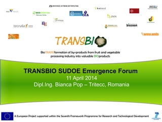 BioTRANSformation of by-products from fruit and vegetable
processing industry into valuable BIOproducts
A European Project supported within the Seventh Framework Programme for Research and Technological Development
TRANSBIO SUDOE Emergence Forum
11 April 2014
Dipl.Ing. Bianca Pop – Tritecc, Romania
 