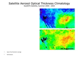Satellite Aerosol Optical Thickness Climatology
                                    SeaWiFS Satellite, Summer 2000 - 2003




                                                                            60 Percentile




                                                                             99 Percentile
•   Space-Time-Parameter coverage

•   GISS datasets
 