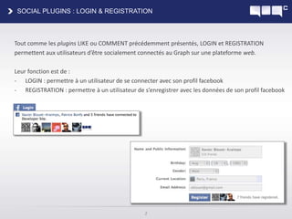Tout comme les plugins LIKE ou COMMENT précédemment présentés, LOGIN et REGISTRATIONpermettent aux utilisateurs d’être socialement connectés au Graph sur une plateforme web.Leur fonction est de :LOGIN : permettre à un utilisateur de se connecter avec son profil facebook