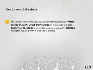 Conclusions of the study


    The social networks most used by Brazilian internet users are: Twitter,
    Facebook, MSN, ...