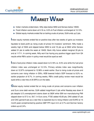 info@capitalheight.com
                                                                          Phone- (0731)4295950



                        MARKET WRAP
      Indian markets ended down, Nifty slips below 5850 and Sensex below 19500.
      Food inflation came down at 9.18 vs. 9.5% & Fuel inflation unchanged at 13.13%.
      Global equity markets ended flat on boiling crude oil prices, DJIA ends up 3 pts.


Indian equity markets ended flat on positive bias after two weeks of gains as investors
liquidate to book profit as rising crude oil prices hit investors’ sentiment. Nifty made a
weekly high of 5944 and slipped below 5850 to end 16 pts up at 5842 while Sensex
added 31 pts to settle the week at 19452. Bank nifty future added marginal 35 pts to
end at 11711. In coming week, Nifty won’t be having any positive trigger apart from Q4
results while RBI’s action in policy meet would be eyed as well.


India’s food price inflation index eased down to 9.18% vs. 9.5% w/w while the fuel price
inflation index was unchanged at 13.13%. Primary articles index was insignificantly
down at 12.97% compared to 12.98% a week earlier. Due to rising crude oil prices and
concerns over rising inflation in EM’s, ADB lowered India’s GDP forecast to 8.2% vs.
earlier projection of 8.7%. In coming weeks, RBI’s credit policy review meet would be
eyed while a rate hike of 25 BPS is on the table.


Global equity market ended flat on rising crude oil prices and concerns over inflation
and Euro zone debt worries. DJIA added insignificant 3 pts while Nasdaq was down 9
pts despite U.S unemployment claims down at 382K while ISM non manufacturing PMI
slipped down to 57.3 vs. 59.7. In Euro zone, FTSE added 45.83 pts, DAX added 37 pts
and CAC gained 8 pts as a rate hike is expected due to rising inflation and EURO at 15
month peak complimented by positive GBP PPI input m/m at 3.7% and German factory
orders up at 2.4%.


                                                                            www.capitalheight.com
 