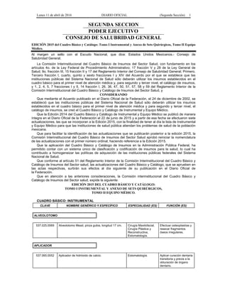 Lunes 11 de abril de 2016 DIARIO OFICIAL (Segunda Sección) 1
SEGUNDA SECCION
PODER EJECUTIVO
CONSEJO DE SALUBRIDAD GENERAL
EDICIÓN 2015 del Cuadro Básico y Catálogo: Tomo I Instrumental y Anexo de Sets Quirúrgicos, Tomo II Equipo
Médico.
Al margen un sello con el Escudo Nacional, que dice: Estados Unidos Mexicanos.- Consejo de
Salubridad General.
La Comisión Interinstitucional del Cuadro Básico de Insumos del Sector Salud, con fundamento en los
artículos 4o. de la Ley Federal de Procedimiento Administrativo; 17 fracción V y 28 de la Ley General de
Salud; 9o. fracción III, 15 fracción II y 17 del Reglamento Interior del Consejo de Salubridad General; Primero,
Tercero fracción I, cuarto, quinto y sexto fracciones I y XIV del Acuerdo por el que se establece que las
instituciones públicas del Sistema Nacional de Salud sólo deberán utilizar los insumos establecidos en el
cuadro básico para el primer nivel de atención médica y, para segundo y tercer nivel, el catálogo de insumos,
y 1, 2, 4, 5, 7 fracciones I y II, 14 fracción I, 26, 36, 47, 50, 51, 57, 58 y 59 del Reglamento Interior de la
Comisión Interinstitucional del Cuadro Básico y Catálogo de Insumos del Sector Salud, y
CONSIDERANDO
Que mediante el Acuerdo publicado en el Diario Oficial de la Federación, el 24 de diciembre de 2002, se
estableció que las instituciones públicas del Sistema Nacional de Salud sólo deberán utilizar los insumos
establecidos en el cuadro básico para el primer nivel de atención médica y para segundo y tercer nivel, el
catálogo de insumos, se creó el Cuadro Básico y Catálogo de Instrumental y Equipo Médico.
Que la Edición 2014 del Cuadro Básico y Catálogo de Instrumental y Equipo Médico se publicó de manera
íntegra en el Diario Oficial de la Federación el 22 de junio de 2015 y a partir de esa fecha se efectuaron siete
actualizaciones, las que se incorporan a la Edición 2015, con la finalidad de tener al día la lista de Instrumental
y Equipo Médico para que las instituciones de salud pública atiendan los problemas de salud de la población
mexicana.
Que para facilitar la identificación de las actualizaciones que se publicarán posterior a la edición 2015, la
Comisión Interinstitucional del Cuadro Básico de Insumos del Sector Salud aprobó reiniciar la nomenclatura
de las actualizaciones con el primer número ordinal, haciendo referencia a la Edición 2015.
Que la aplicación del Cuadro Básico y Catálogo de Insumos en la Administración Pública Federal, ha
permitido contar con un sistema único de clasificación y codificación de insumos para la salud, lo cual ha
contribuido a homogeneizar las políticas de adquisición de las instituciones públicas federales del Sistema
Nacional de Salud.
Que conforme al artículo 51 del Reglamento Interior de la Comisión Interinstitucional del Cuadro Básico y
Catálogo de Insumos del Sector salud, las actualizaciones del Cuadro Básico y Catálogo, que se aprueben en
las actas respectivas, surtirán sus efectos al día siguiente de su publicación en el Diario Oficial de
la Federación.
Que en atención a las anteriores consideraciones, la Comisión interinstitucional del Cuadro Básico y
Catálogo de Insumos del Sector salud, expide la siguiente:
EDICIÓN 2015 DEL CUADRO BÁSICO Y CATÁLOGO:
TOMO I INSTRUMENTAL Y ANEXO DE SETS QUIRÚRGICOS,
TOMO II EQUIPO MÉDICO.
CUADRO BÁSICO: INSTRUMENTAL
CLAVE NOMBRE GENÉRICO Y ESPECÍFICO ESPECIALIDAD (ES) FUNCIÓN (ES)
ALVEOLOTOMO
537.025.0069 Alveolotomo Mead, pinza gubia, longitud 17 cm. Cirugía Maxilofacial,
Cirugía Plástica y
Reconstructiva,
Estomatología.
Efectuar osteoplastías y
resecar fragmentos
óseos irregulares.
APLICADOR
537.065.0052 Aplicador de hidróxido de calcio. Estomatología. Aplicar curación dentaria
transitoria y previa a la
obturación de órgano
dentario.
 