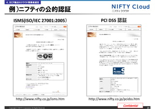 ４．ＢＣＰ観点のクラウド事業者選定


 例）ニフティの公的認証
      ISMS(ISO/IEC 27001:2005                                PCI DSS




          http://www.nifty.co.jp/isms.htm             http://www.nifty.co.jp/pcidss.htm
                                                                            Confidential
 Copyright &copy; NIFTY Corporation All Rights Reserved.                                        21
 