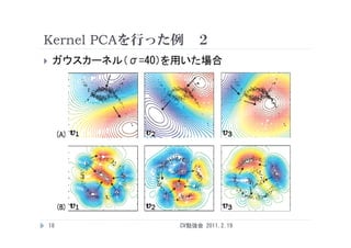 Kernel PCAを行った例 ２
    ガウスカーネル（σ=40）を用いた場合




    18             CV勉強会 2011.2.19
 