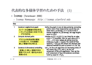 代表的な多様体学習のための手法 (1)
    Isomap    [Tenenbaum+ 2000]
        Isomap Homepage: http://isomap.stanford.edu



           スパースな隣接行列を作る
           ＝サンプルを頂点に対応づける
            サンプルを頂点に対応づける
            グラフを作る


           グラフ上の各頂点間の最短
           パスを見つけ，その距離を
           新しい隣接行列と考える．


           （変換した）新しい隣接行列の
           固有ベクトルが，埋め込み先の
           基底となる．
           基底となる

    32                             CV勉強会 2011.2.19
 