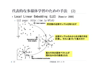 代表的な多様体学習のための手法 (2)
    Local Linear Embedding (LLE)        [Roweis+ 2000]
        LLE page: http://ow.ly/4FsVz
                               所定数の近傍サンプルを取り出す




                                        近傍サンプルのみから共分散行列を
                                        計算し，それに基づいて重み付け




                              重み行列の固有ベクトルが
                              埋め込み先の基底となる


    33                           CV勉強会 2011.2.19
 