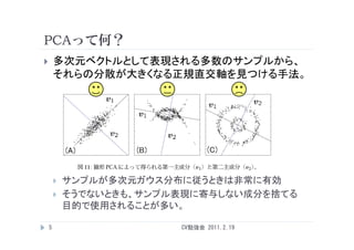 PCAって何？
       多次元ベクトルとして表現される多数のサンプルから、
        それらの分散が大きくなる正規直交軸を見つける手法。




           サンプルが多次元ガウス分布に従うときは非常に有効
           そうでないときも、サンプル表現に寄与しない成分を捨てる
            目的で使用されることが多い。

    5                    CV勉強会 2011.2.19
 