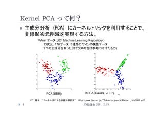 Kernel PCA って何？
       主成分分析 (PCA) にカーネルトリックを利用することで、
        非線形次元削減を実現する方法。




         Cf. 福水 “カーネル法による非線形解析法” http://www.ism.ac.jp/~fukumizu/papers/Kernel_rois2006.pdf
    6                                          CV勉強会 2011.2.19
 