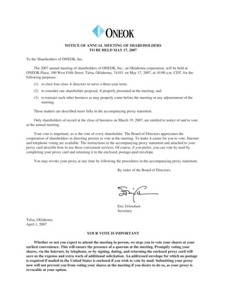 oneok 2007 Proxy Statement
