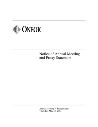 Notice of Annual Meeting
and Proxy Statement




Annual Meeting of Shareholders
Thursday, May 15, 2003
 