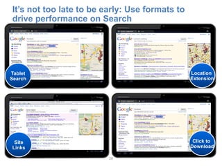 It’s not too late to be early: Use formats to
drive performance on Search




Tablet                                          Location
Search                                          Extension




 Site                                            Click to
Links                                           Download

                         28
 