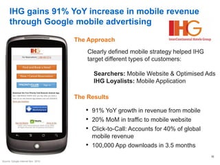 IHG gains 91% YoY increase in mobile revenue
      through Google mobile advertising

                                   The Approach
                                       Clearly defined mobile strategy helped IHG
                                       target different types of customers:

                                       • Searchers: Mobile Website & Optimised Ads
                                       • IHG Loyalists: Mobile Application

                                   The Results

                                      • 91% YoY growth in revenue from mobile
                                      • 20% MoM in traffic to mobile website
                                      • Click-to-Call: Accounts for 40% of global
                                          mobile revenue
                                      •   100,000 App downloads in 3.5 months
                                                                                    30
Source: Google Internal Nov 2010
 