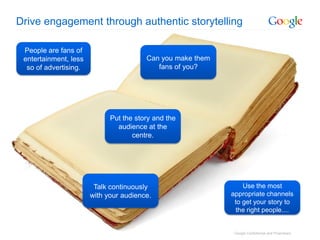 Drive engagement through authentic storytelling

 People are fans of
 entertainment, less                    Can you make them
  so of advertising.                       fans of you?




                             Put the story and the
                               audience at the
                                    centre.




                        Talk continuously                       Use the most
                       with your audience.                  appropriate channels
                                                             to get your story to
                                                             the right people....


                                                             Google Confidential and Proprietary
 