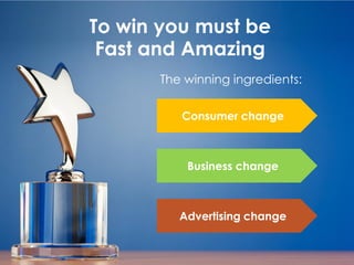 To win you must be
 Fast and Amazing
       The winning ingredients:

          Consumer change



           Business change



          Advertising change
 