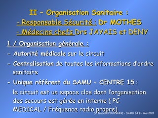 II – Organisation Sanitaire : - Responsable Sécurité :   Dr MOTHES   - Médecins chefs  Drs JAYAIS et DENY 1 / Organisation générale : - Autorité médicale  sur le circuit - Centralisation  de toutes les informations d’ordre sanitaire  - Unique référent du SAMU – CENTRE 15  :  le circuit est un espace clos dont l’organisation des secours est gérée en interne ( PC MEDICAL / Fréquence radio propre) Dr Isabelle POUYANNE - SAMU 64 B - Mai 2011 