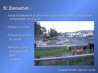 5/ Evacuation :   - Après transmission du bilan médical au médecin chef : autorisation indispensable de celui-ci. - Pendant la course  - Pendant les arrêts  de course - Ambulance privée  Ambulance CRF  ADPC / ou SMUR Dr Isabelle POUYANNE - SAMU 64 B - Mai 2011 