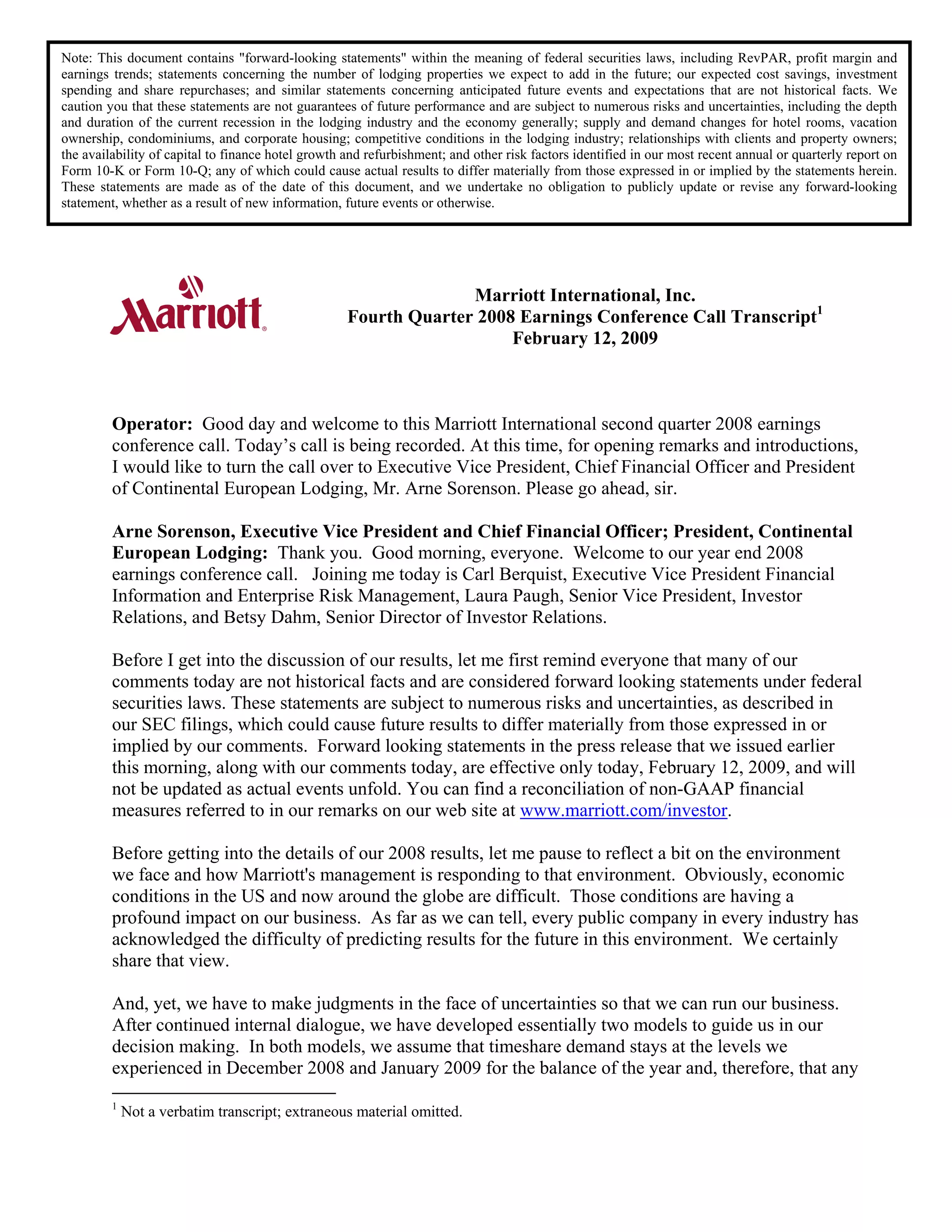 marriott international 2008 Q4 Earnings Call Transcript with Q&A