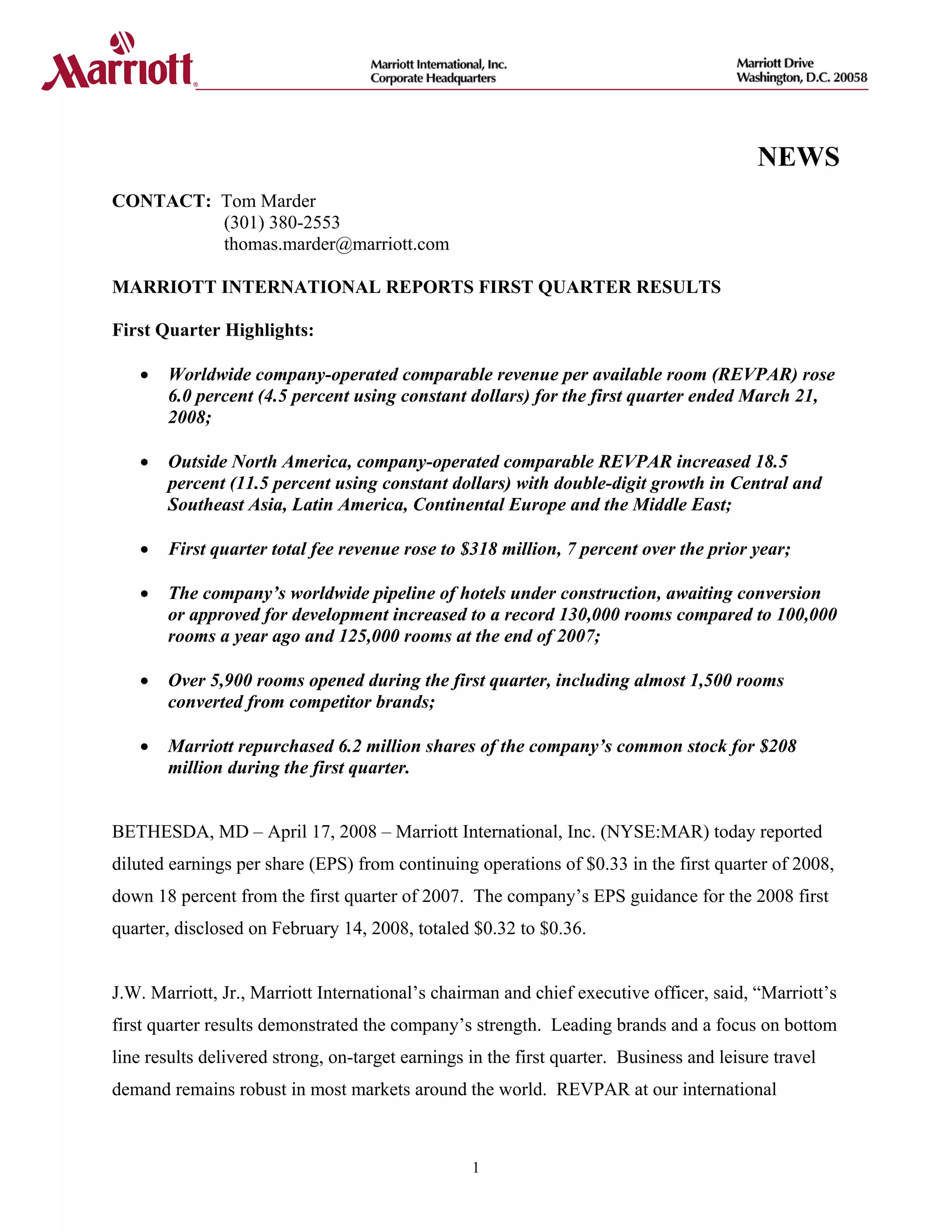 marriott international Press Release and Financial Tables