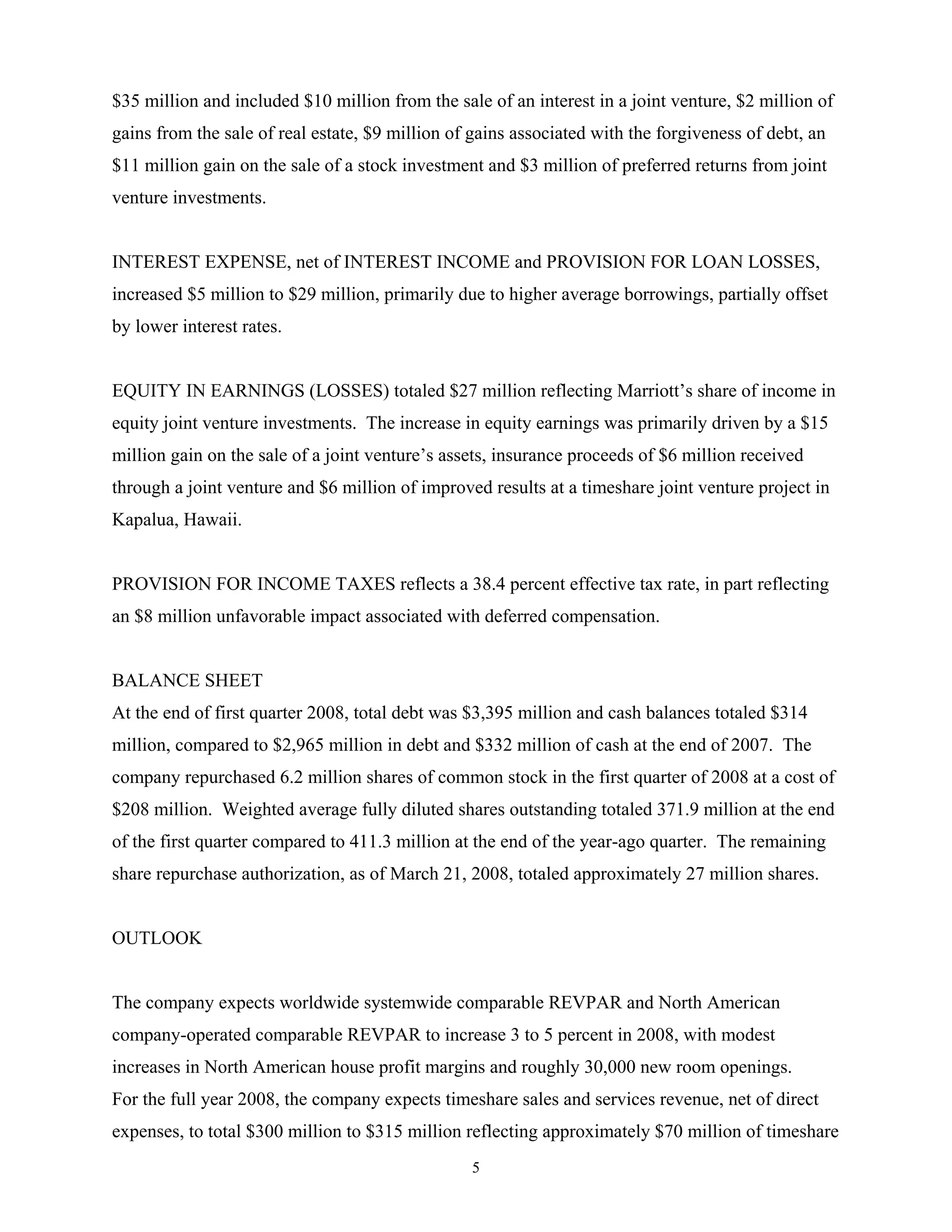 marriott international Press Release and Financial Tables