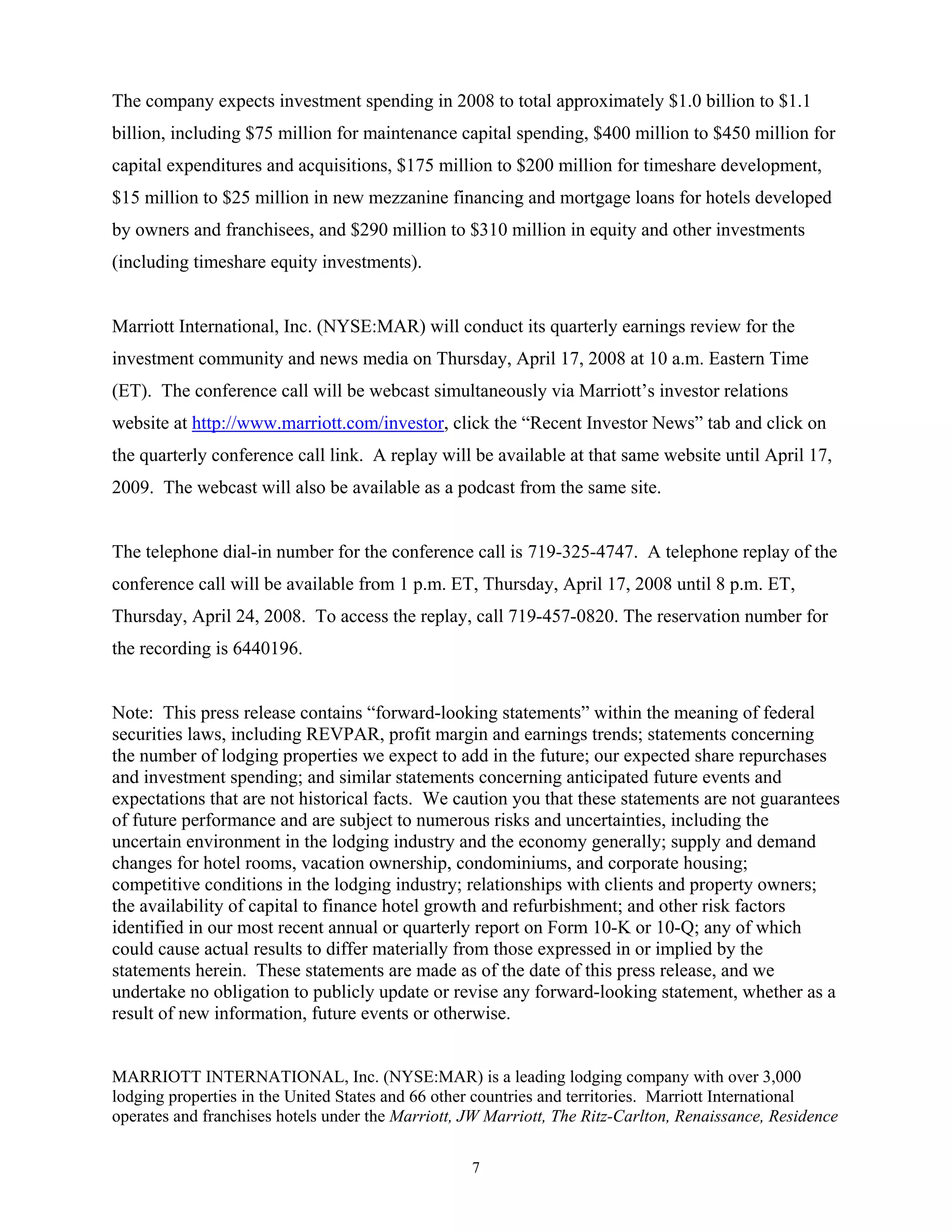 marriott international Press Release and Financial Tables