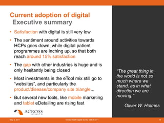 Current adoption of digital
 Executive summary
• Satisfaction with digital is still very low
• The sentiment around activities towards
  HCPs goes down, while digital patient
  programmes are inching up, so that both
  reach around 15% satisfaction
• The gap with other industries is huge and is
  only hesitantly being closed                                         “The great thing in
                                                                       the world is not so
• Most investments in the eTool mix still go to
                                                                       much where we
  “websites”, and particularly the                                     stand, as in what
  product/disease/company site triangle...                             direction we are
• But several new tools, like mobile marketing                         moving.”
  and tablet eDetailing are rising fast
                                                                           Oliver W. Holmes

May 3, 2011                   Across Health digital Survey EMEA 2011                         14
 