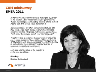 CRM minisurvey
EMEA 2011
        At Across Health, we firmly believe that digital is just part
        of the solution... true impact can only be generated by
        “fusion marketing”, i.e. integrating online & offline. Indeed,
        if done well, 1+1 should equal more than 2.

        Digital campaigns are often standalone initiatives. Still
        they could be so much more powerful when linked to
        customer profiles, integrated multichannel approaches,...
        Think about it when you launch your next campaign!

        To achieve this, a customer-focused strategy should be
        put in place, supported by an agile and high-performing
        CRM platform, with clear business KPIs... CRM is the key
        to orchestrating touch points throughout a range of
        channels in a customer-centric way.

        Let‟s see what the state of the industry is
        in the next few slides...

        Dina Rey
        Director, Switzerland




May 3, 2011                                 Across Health digital Survey EMEA 2011   70
 