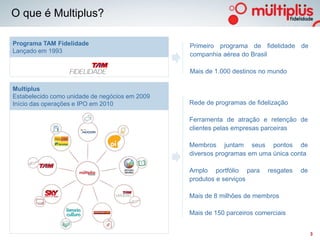 O que é Multiplus?

Programa TAM Fidelidade                         Primeiro programa de fidelidade de
Lançado em 1993
                                                companhia aérea do Brasil

                                                Mais de 1.000 destinos no mundo

Multiplus
Estabelecido como unidade de negócios em 2009
Início das operações e IPO em 2010              Rede de programas de fidelização

                                                Ferramenta de atração e retenção de
                                                clientes pelas empresas parceiras

                                                Membros juntam seus pontos de
                                                diversos programas em uma única conta

                                                Amplo portfólio para      resgates   de
                                                produtos e serviços

                                                Mais de 8 milhões de membros

                                                Mais de 150 parceiros comerciais
    3

                                                                                          3
 