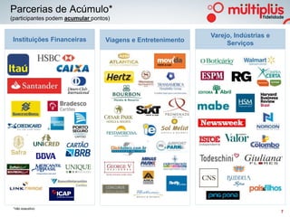 Parcerias de Acúmulo*
(participantes podem acumular pontos)


                                                              Varejo, Indústrias e
 Instituições Financeiras          Viagens e Entretenimento        Serviços




 *não exaustivo
                                                                                     7
 