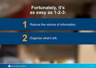 Fortunately, it’s
    as easy as 1-2-3:


1   Reduce the volume of information.




2   Organize what’s left.




                                        22
 