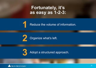 Fortunately, it’s
    as easy as 1-2-3:


1   Reduce the volume of information.




2   Organize what’s left.




3   Adopt a structured approach.



                                        23
 