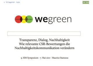 Transparenz, Dialog, Nachhaltigkeit. Wie relevante CSR-Bewertungen die Nachhaltigkeitskommunikation verändern. 9. ISM Symposium. 7.Mai 2011
