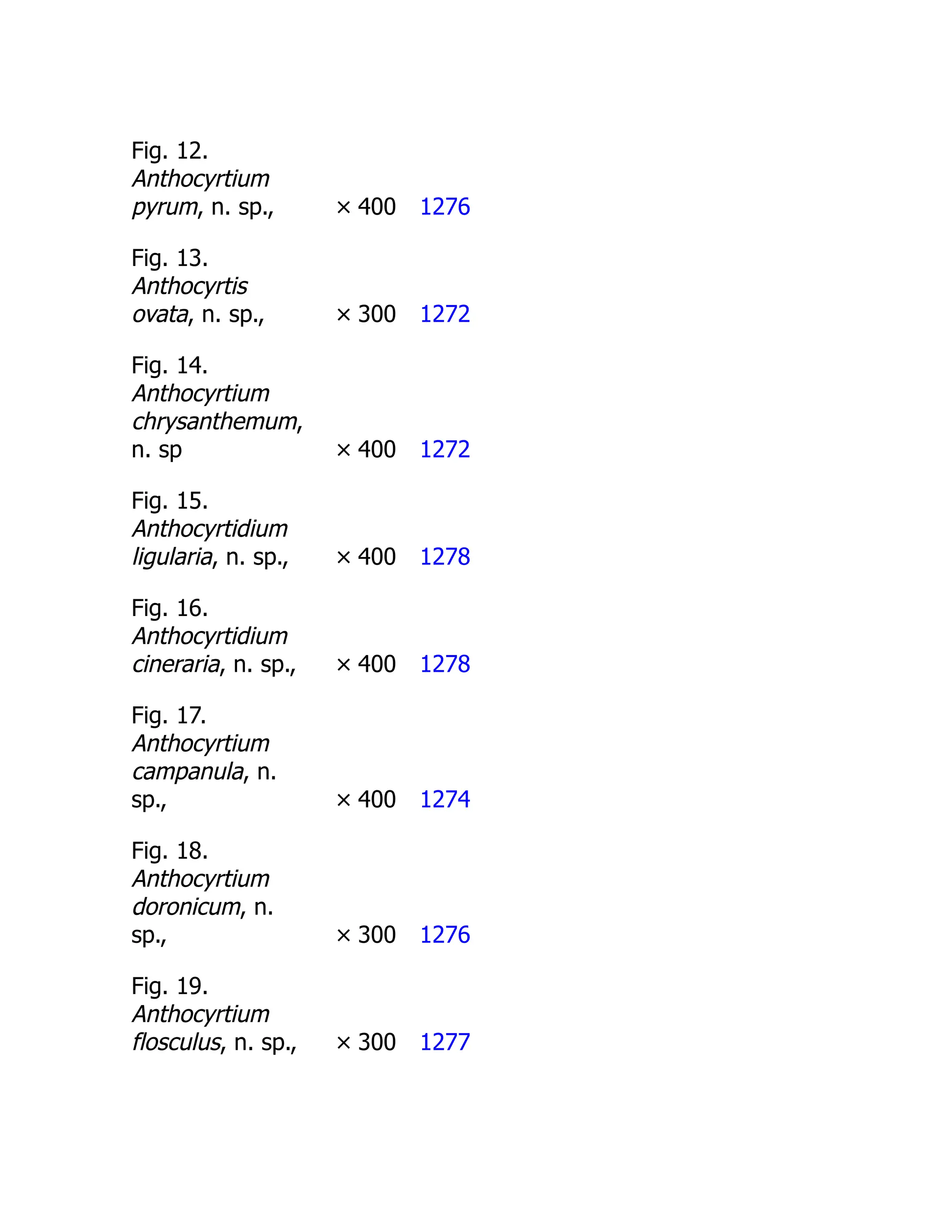 Fig. 12.
Anthocyrtium
pyrum, n. sp., × 400 1276
Fig. 13.
Anthocyrtis
ovata, n. sp., × 300 1272
Fig. 14.
Anthocyrtium
chrysanthemum,
n. sp × 400 1272
Fig. 15.
Anthocyrtidium
ligularia, n. sp., × 400 1278
Fig. 16.
Anthocyrtidium
cineraria, n. sp., × 400 1278
Fig. 17.
Anthocyrtium
campanula, n.
sp., × 400 1274
Fig. 18.
Anthocyrtium
doronicum, n.
sp., × 300 1276
Fig. 19.
Anthocyrtium
flosculus, n. sp., × 300 1277
 