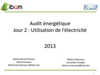Audit énergétique
Jour 2 : Utilisation de l’électricité

2013
Mohamed Ait Hassou
Administrateur
Mohamed.aithassou@ibam.be

Hélène Moureau
Conseiller énergie
Helene.moureau@ibam.be
1

 